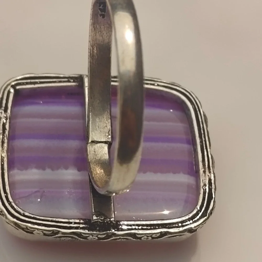 Sterling Silver 925 Purple Banded  Lace Agate Square Statement Ring Size 10.5